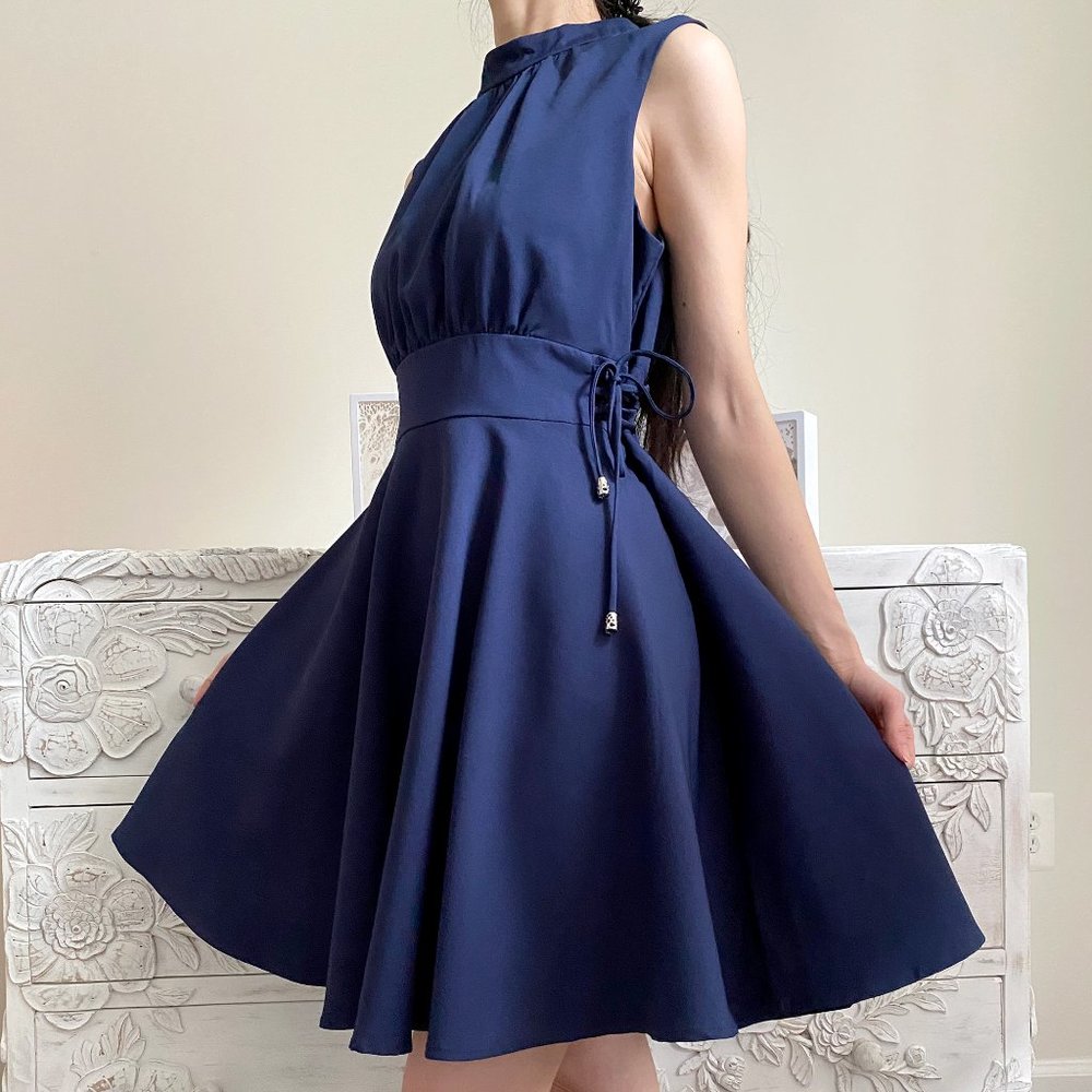 Dark Blue Sleeveless Mock Neck Dress w/ Lacing